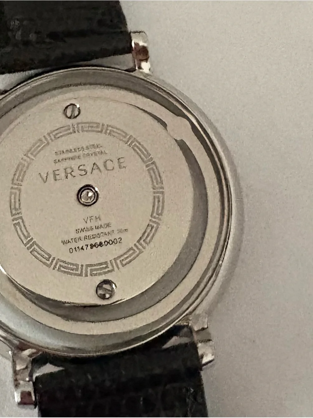 Versace Silver Dial Black Leather Strap Watch with Red Accent